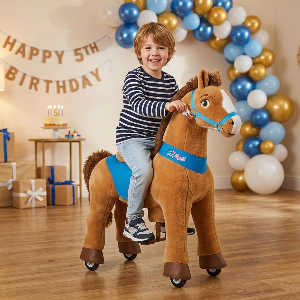 PonyCycle Ride on Horse Toys for Kids Riding Brown Horse Rocking Horse No Battery Required (with Brake/ 35.4' Height/Size 4) Ride-on Pony Giddy up Walking Mechanical Pony E437