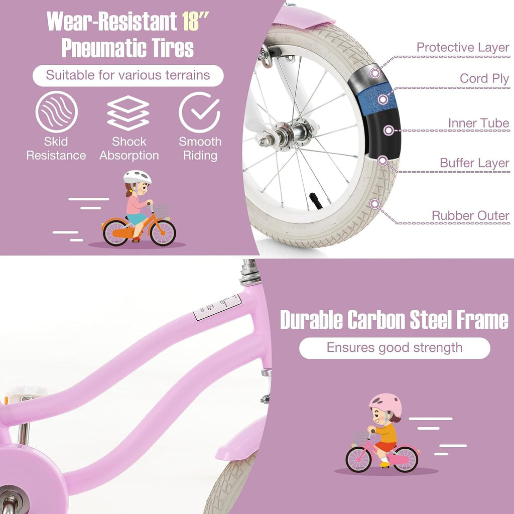 GYMAX Kids Bike for Boys & Girls Aged 3-8 Years, 14/16/18 Inches Children Bicycle w/Training Wheels, Dual Brakes, Adjustable Seat & Handlebar, Toddler Balance Bike