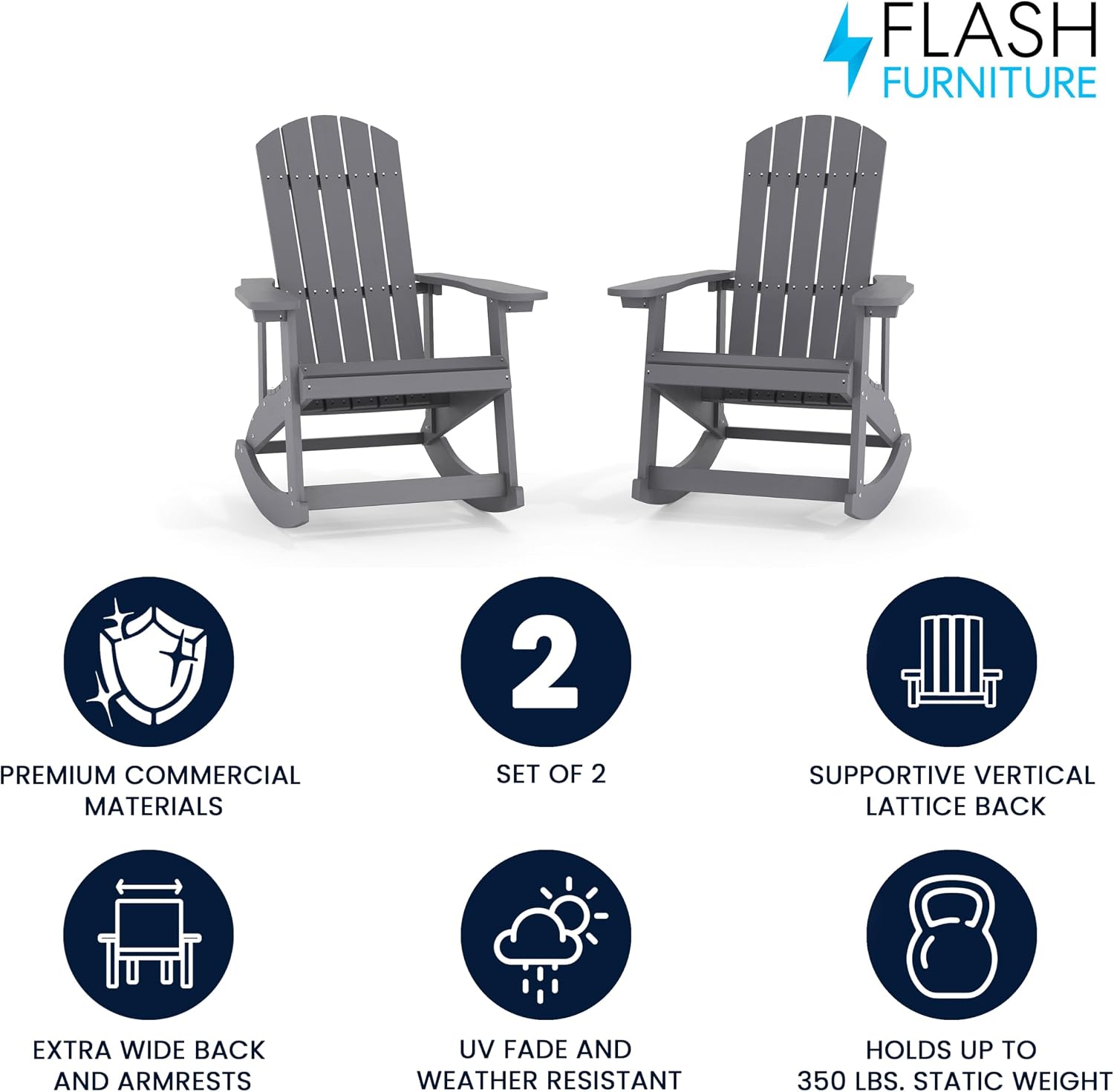 Flash Furniture Savannah All Weather Adirondack Rocking Chairs, Polyresin Wood Adirondack Chair with 350-lb. Static Weight Capacity, Set of 2, Gray
