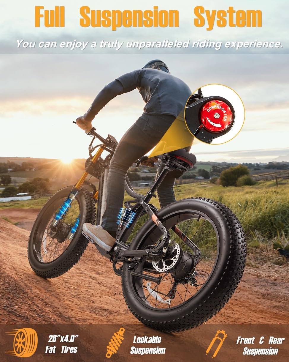DAMSON Electric Bike for Adults Dual Motor AWD 5000W/3000W/1500W Peak 40MPH/30MPH Dirt Ebike, 52V/48V Max-Output Up to 65/80/120/160 Miles Long Range, 26' Full Suspension Fat Tire Mountains Bicycle
