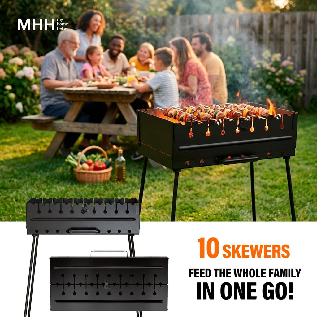 Charcoal Grill for 10 Skewers - Portable BBQ Mangal - Foldable Metal Grill for Shashlik, Kebab, Picnic, Outdoor Cooking (Skewers Not Included)