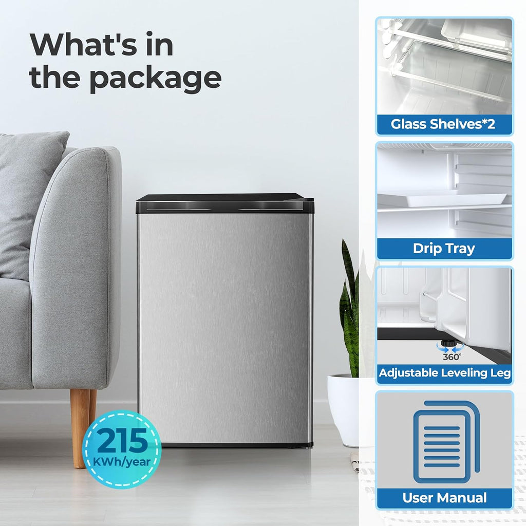 Electactic 2.56 Cu.ft Compact Refrigerator with Reversible Single Door, Silver