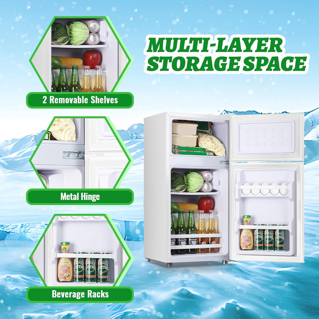 DEMULLER 2.4 Cu.ft Mini Fridge with Top Freezer Apartment Size Dual Door Compact Refrigerator for Personal Use Small Fridge with Egg tray, 7 Temperature Control For Dorm, White