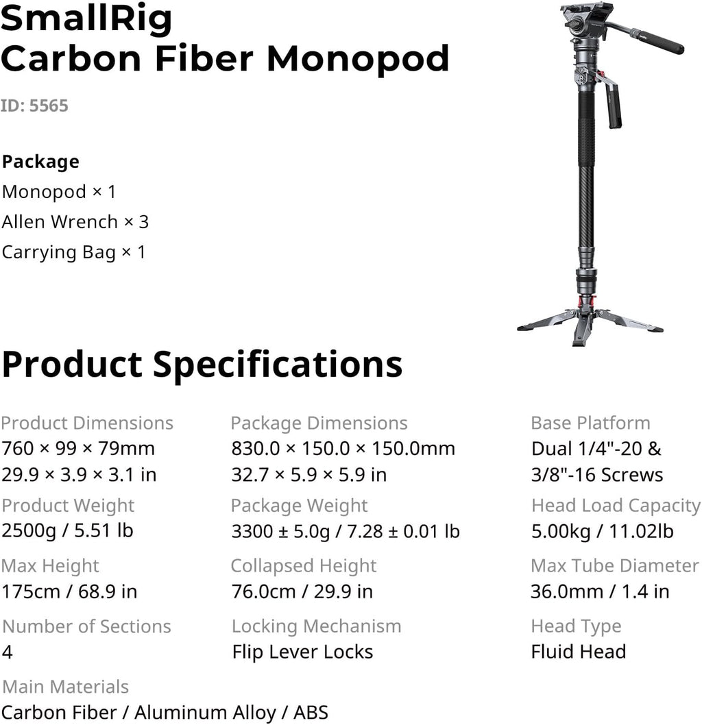 SmallRig 175cm / 68.9' Carbon Fiber Video Monopod for Camera, Compact Camera Monopod with One-Button Lift & Lock, Max. 5kg Playload Fluid Head Fits for DJI RS and for MFT 501L