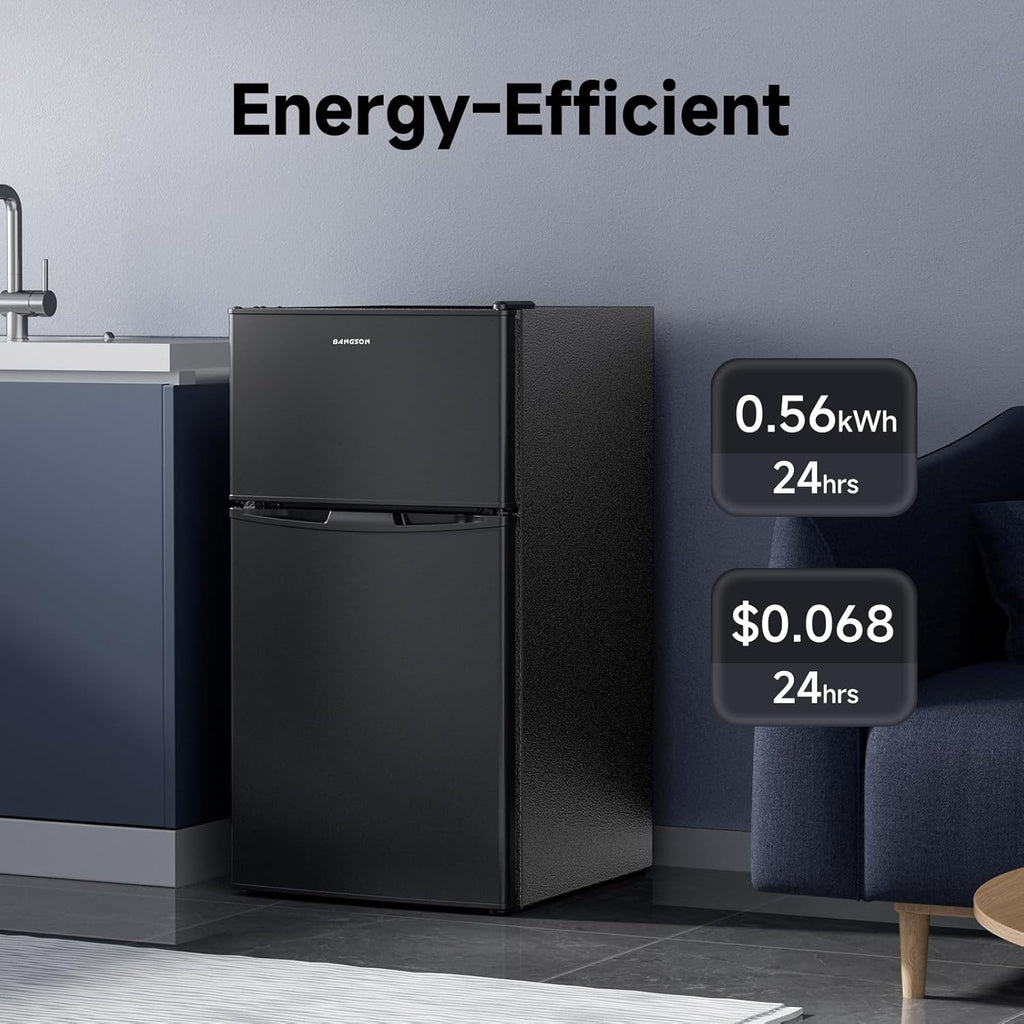 BANGSON 3.2 CU.FT Mini Fridge with Freezer Bedroom, 2 Door Office Small Refrigerator, Quiet Compact Fridge for Home, Dorm, Apartment, Garage, RV, Adjustable Thermostat, Low Noise, Black