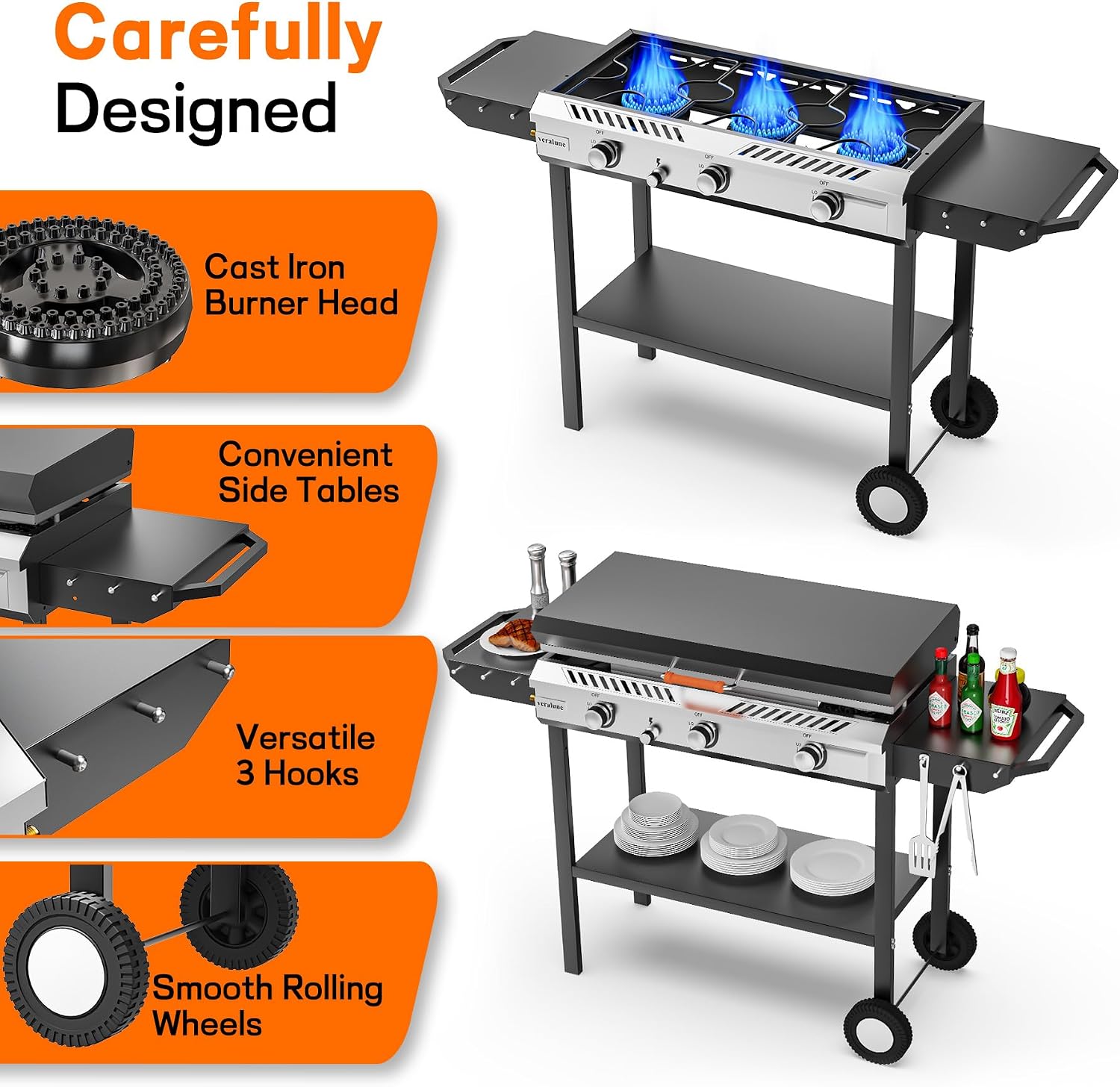 Veralune 3 Burner Outdoor Propane Gas Stove with Griddle, Ignition & Side Shelves, 225,000 BTU Powerful Stand Cooker for Backyard Patio Cooking Home Brewing Canning Turkey Frying