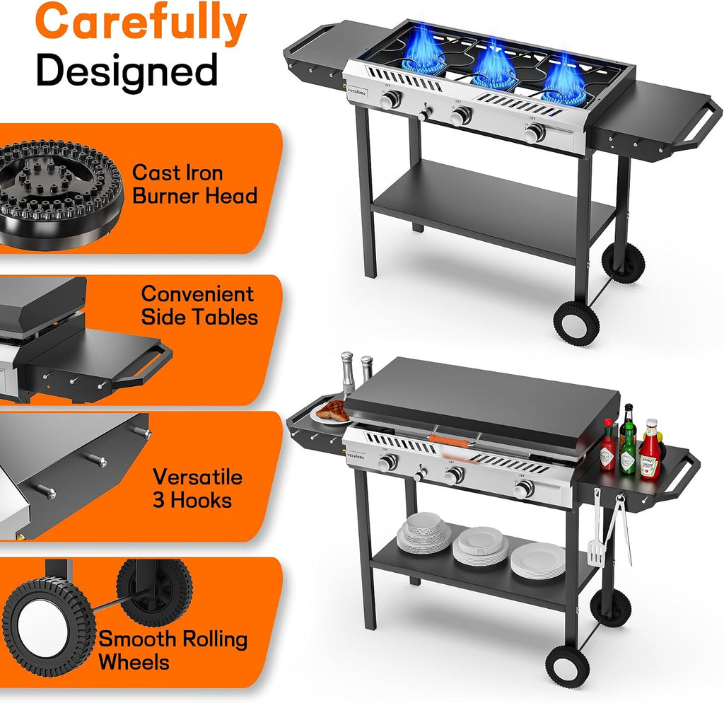 Veralune 3 Burner Propane Stove with Auto Ignition, 225,000 BTU Gas Griddle with Storage Shelf, Rolling Wheels, Portable Outdoor Cooking Stove for Patio Home Cooking and Frying