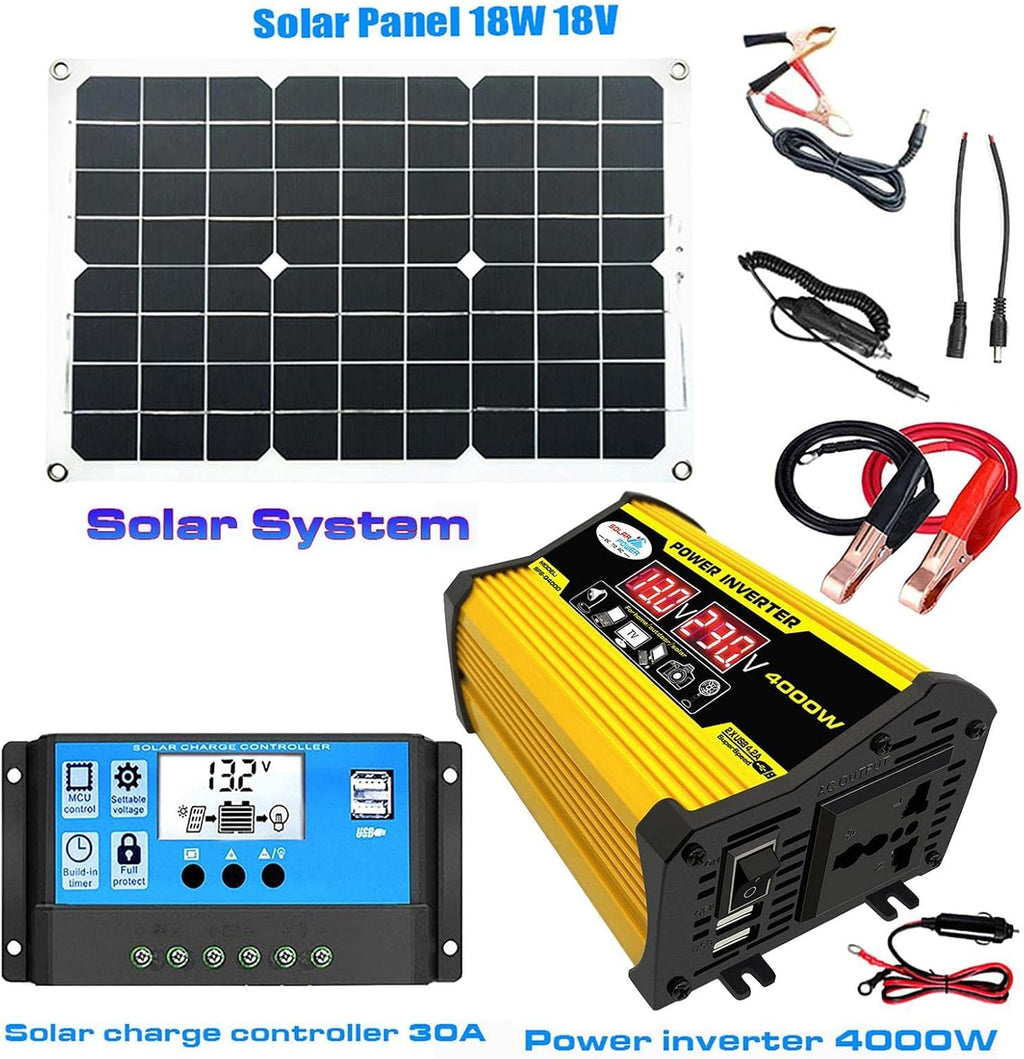 Solar System, Portable Solar Panel Kit, 4000W Inverter with 2 USB Ports, 30A Solar Charge Controller, LED Screen Display, Fast Charging for Supply