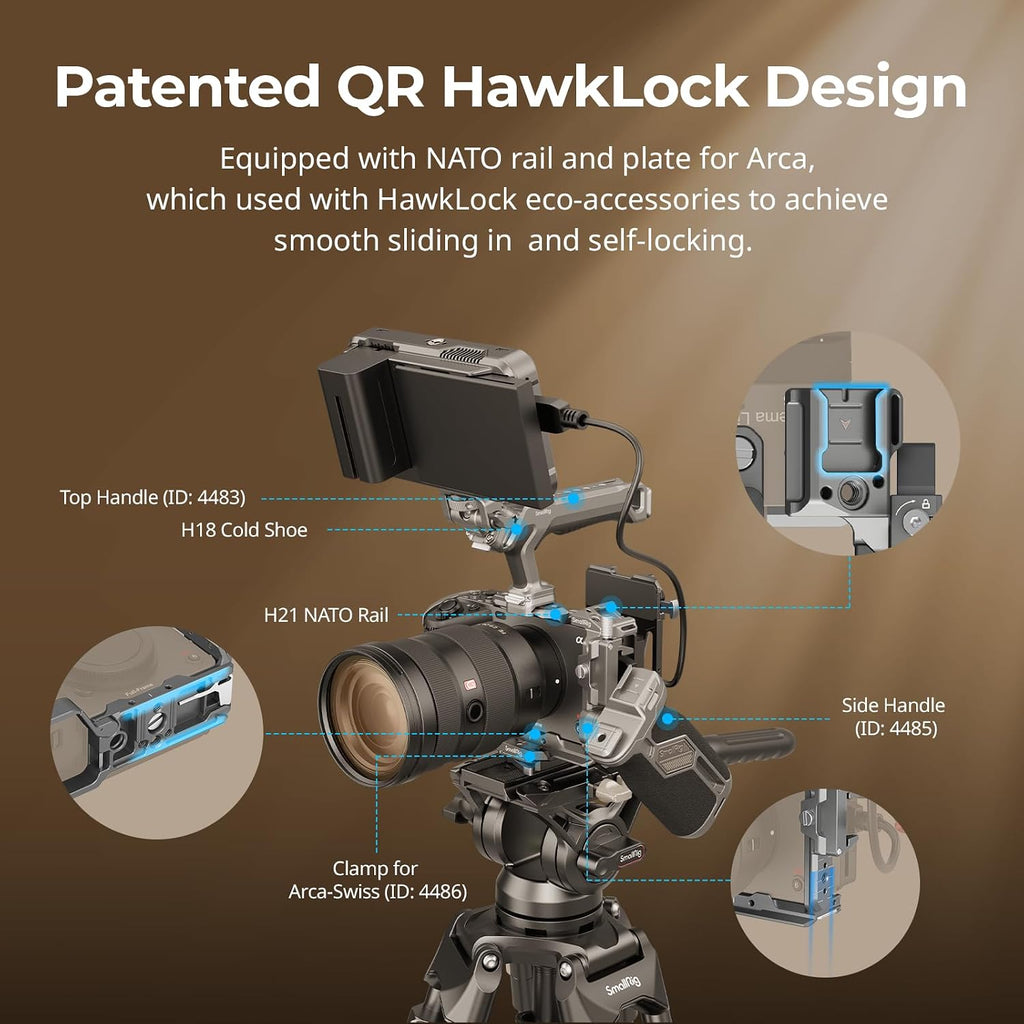 SmallRig FX3 / FX30 HawkLock Quick Release Camera Cage Kit for Sony with XLR Handle Extension, Wrist Strap and Cable Clamp for HDMI, QR Cold Shoe, NATO Rail/QR Plate for Arca,Titanium Gray