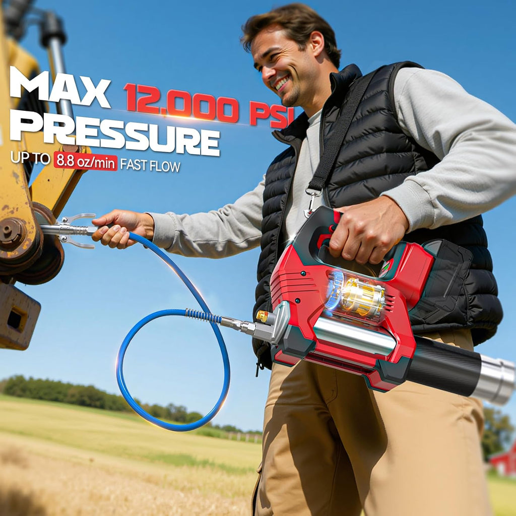 Ecarke Cordless Grease Gun Compatible with Milwaukee 18V Battery (Bare Tool), 3‑Speed Adjustable Flow, 12,000 PSI Max, 39' Hose, Works with Bulk & Cartridge Grease, for Farm/Truck/Construction