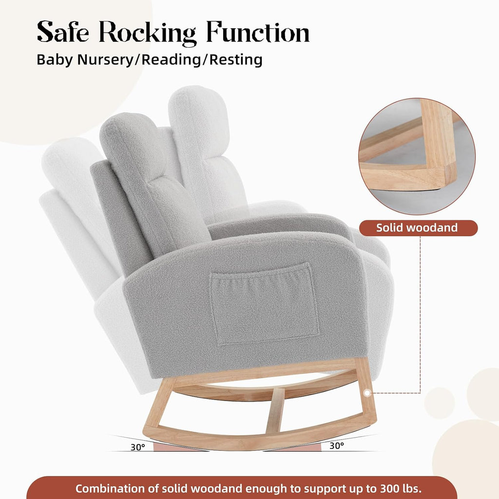 GAOMON Rocking Chair Glider for Nursery, Comfy Rocker Nursery with Side Pocket & High Backrest, Baby Rocking Chair for Breastfeeding, Upholstered Rocker & Living Room, Light Gray