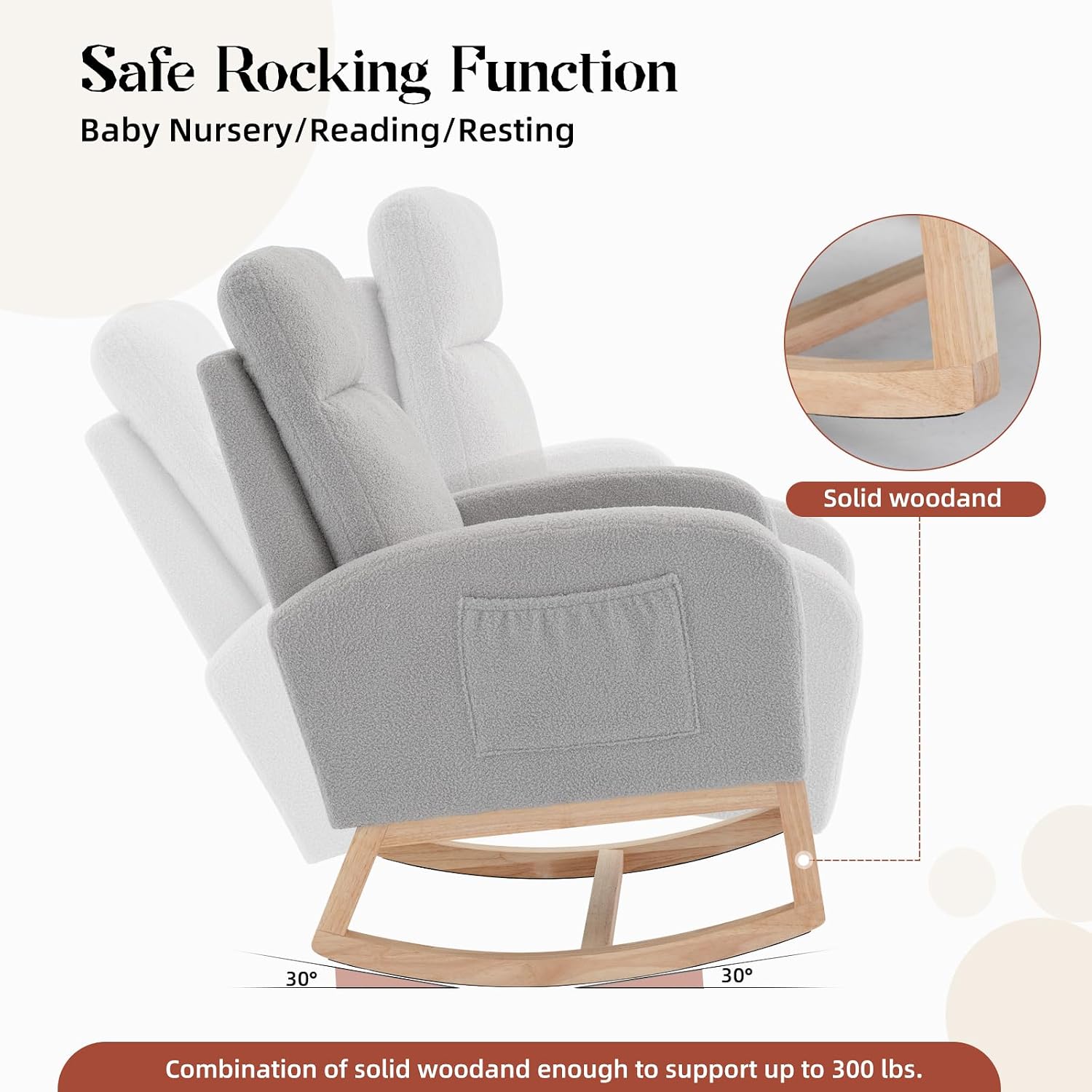 GAOMON Rocking Chair Glider for Nursery, Comfy Rocker Nursery with Side Pocket & High Backrest, Baby Rocking Chair for Breastfeeding, Upholstered Rocker & Living Room, Light Gray