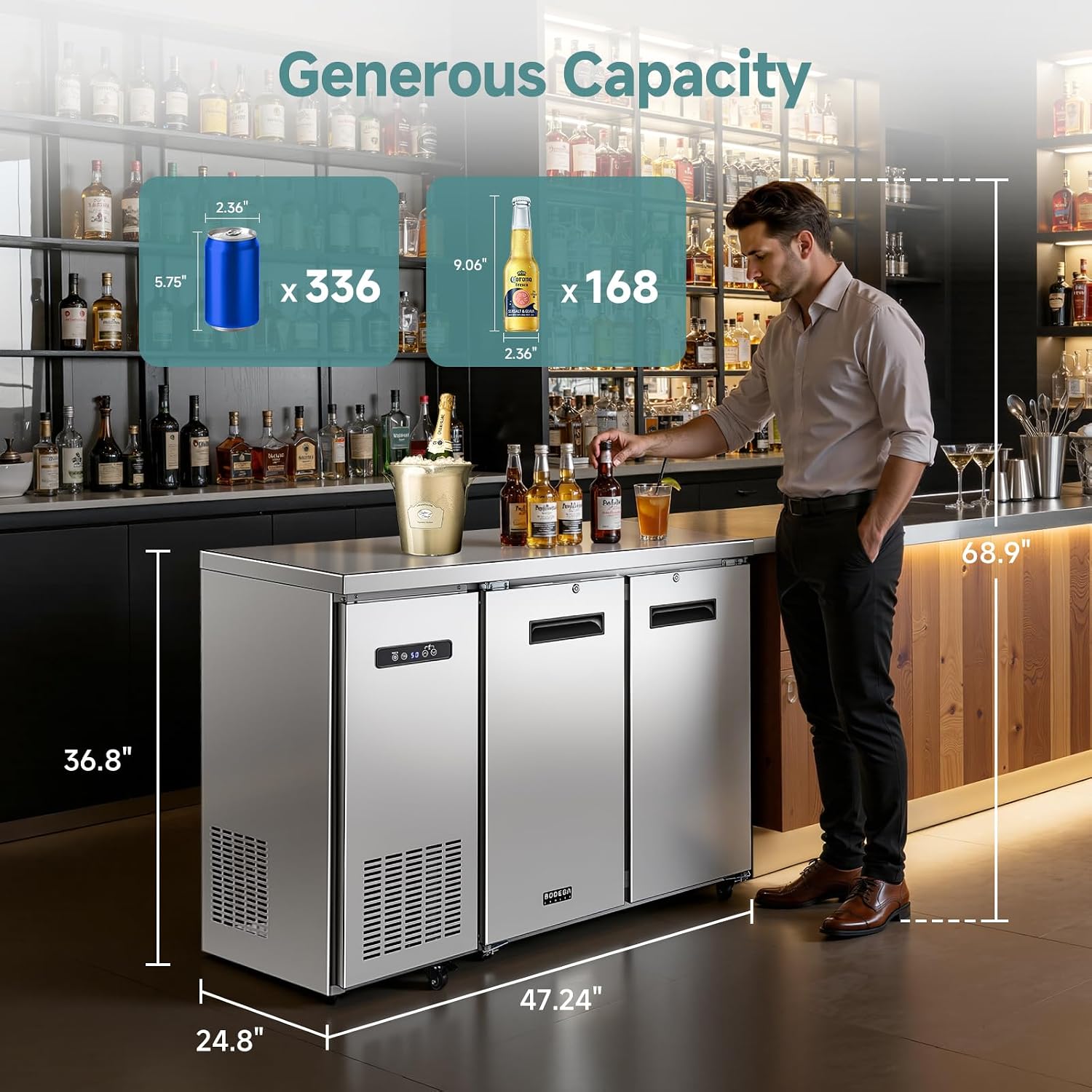 BODEGA BODEGACOOLER Commercial Back Bar Cooler with 2 Solid Doors,12 Cu.Ft Stainless Steel Commercial Counter Height Bar Refrigerator,Display Drink Beverage Beer Fridge LED Light,SUS304 Top,4 Casters