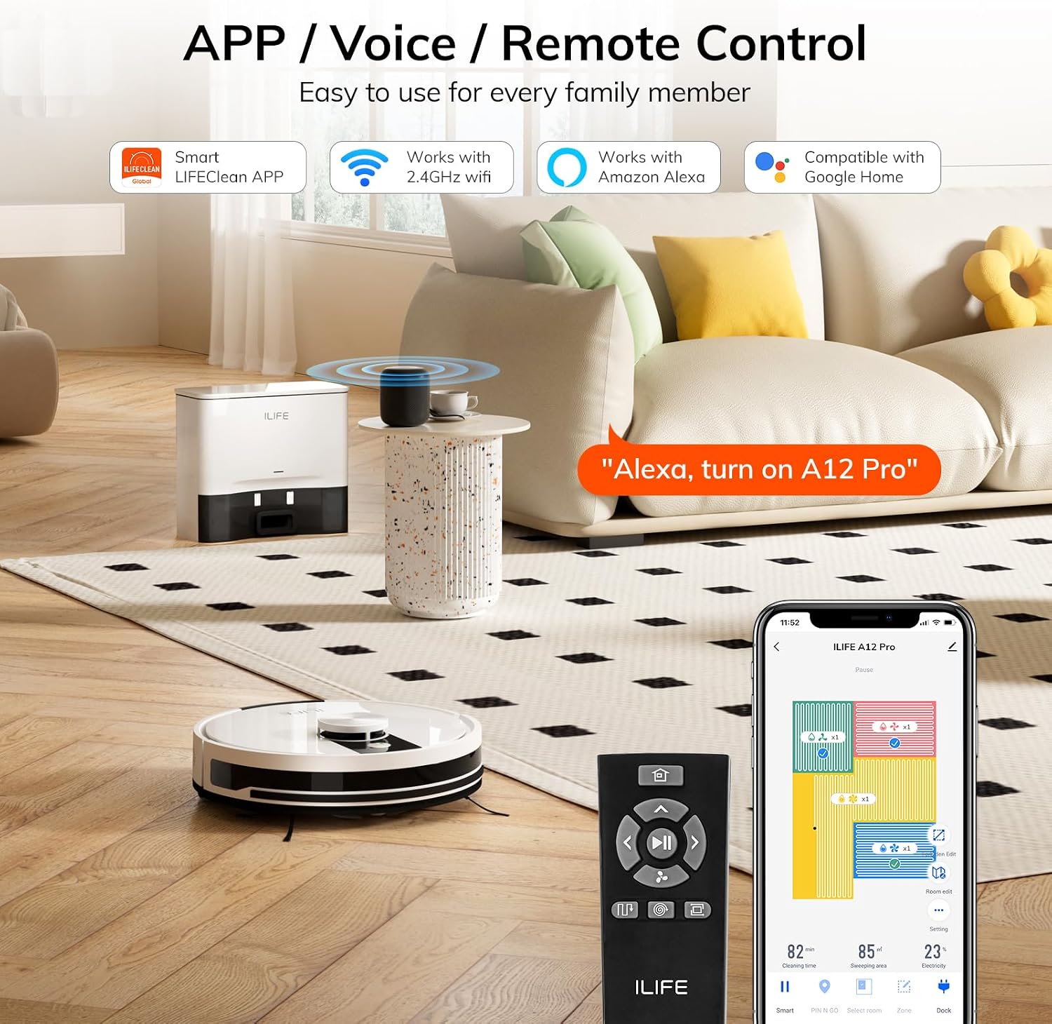 ILIFE A12 Pro Robot Vacuum and Mop Combo, Self Emptying Station for 60 Days, LiDAR Navigation, Home Mapping, No-Go Zones, 2.4G WiFi/App/Alexa/Remote Control, for Hard Floors, 110V