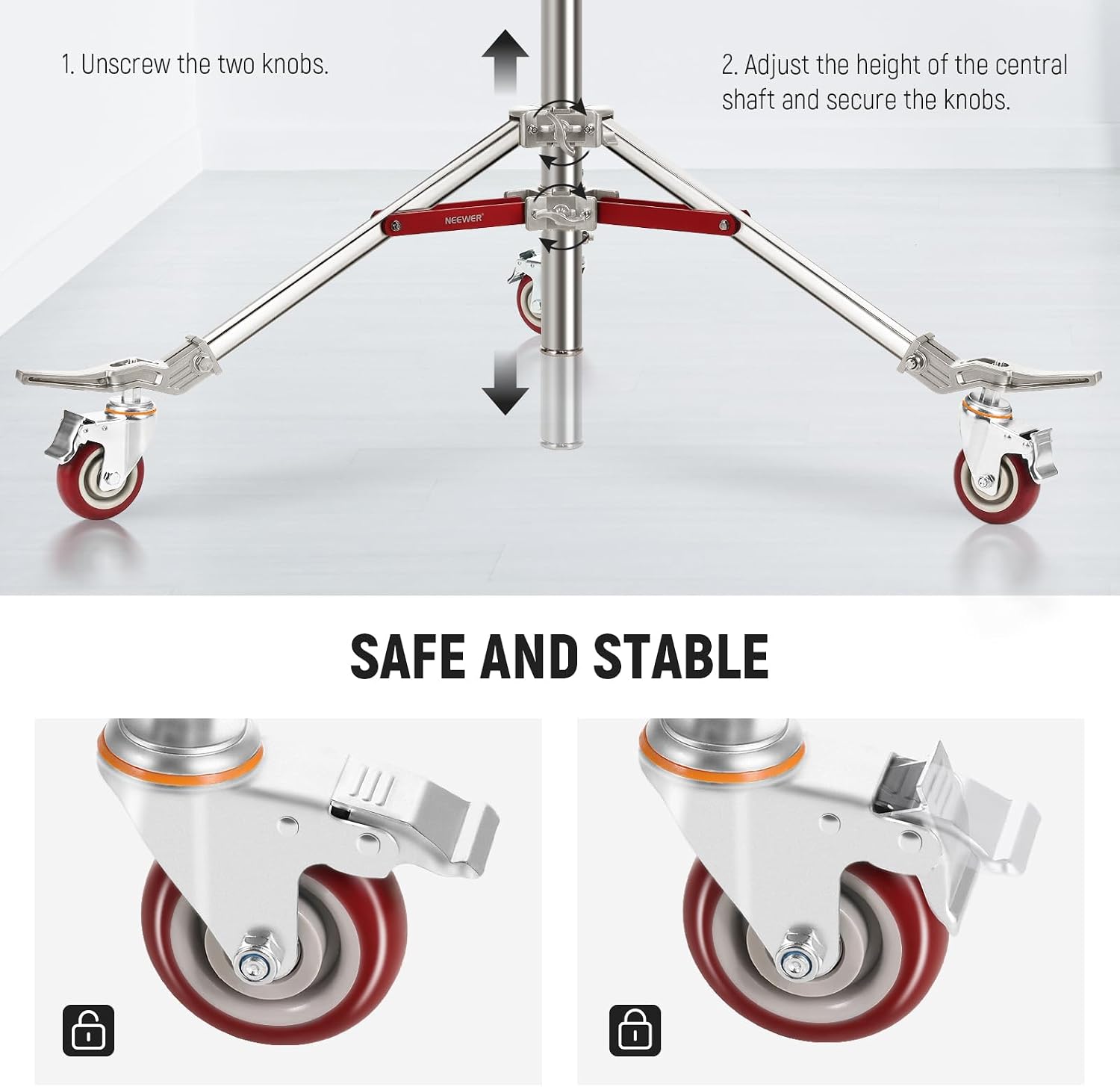 NEEWER Heavy Duty Stainless Steel Light Stand with Casters, 1-1/8' Junior Receiver, Spring Loaded 5/8' Baby Stud, Max Load 77lb, 7.9ft/240cm Junior Wheeled Stand for Studio Softbox Reflector, ST240SS