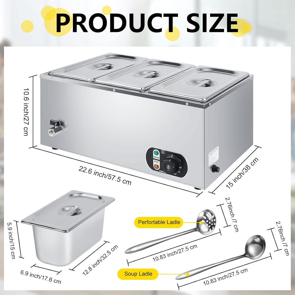 Electric Commercial Food Warmer 110V Buffet Food Warmer Stainless Steel Electric Countertop Steamer with Temperature Control, Tap and Lid for Catering Restaurant Parties (3 Pan)