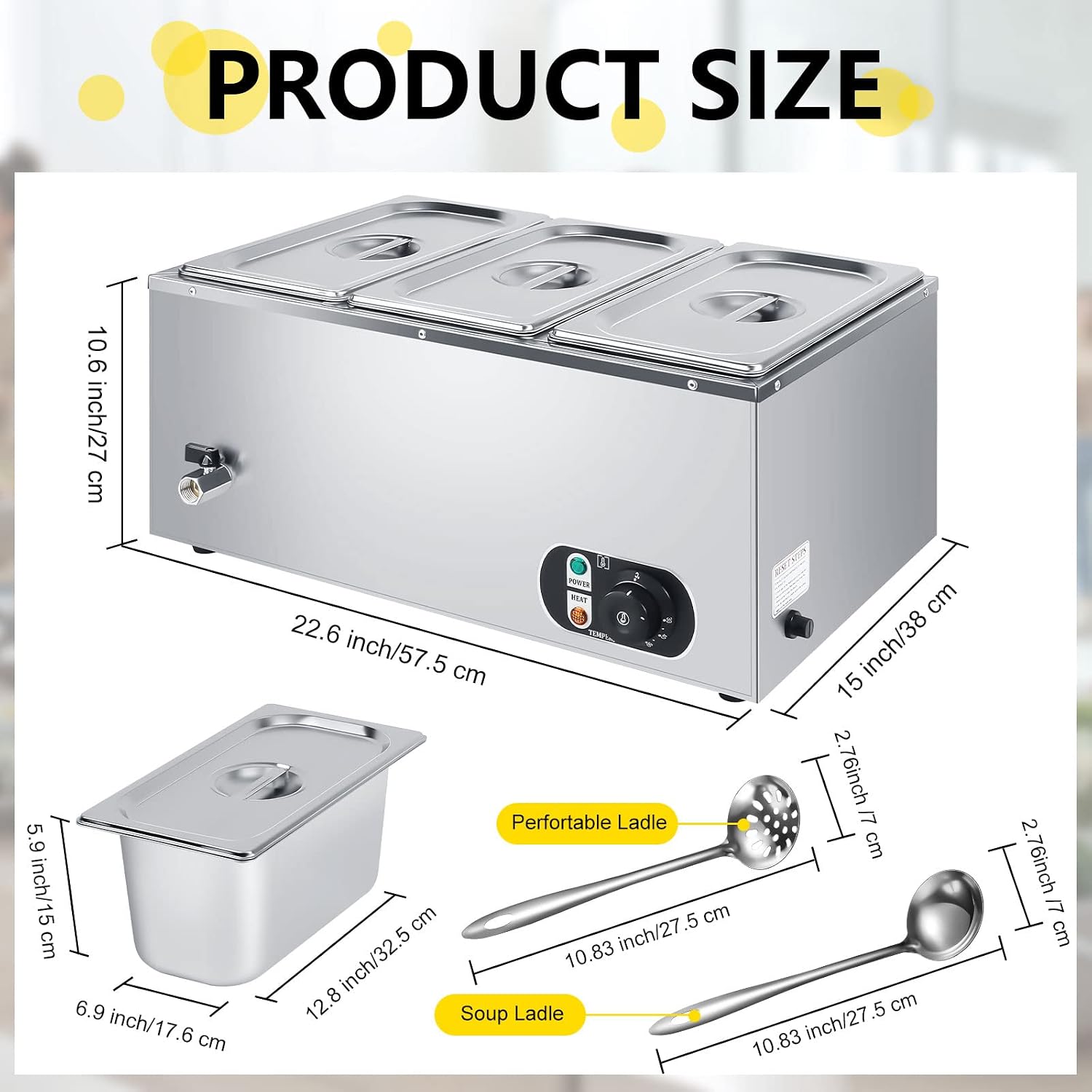 Electric Commercial Food Warmer 110V Buffet Food Warmer Stainless Steel Electric Countertop Steamer with Temperature Control, Tap and Lid for Catering Restaurant Parties (3 Pan)