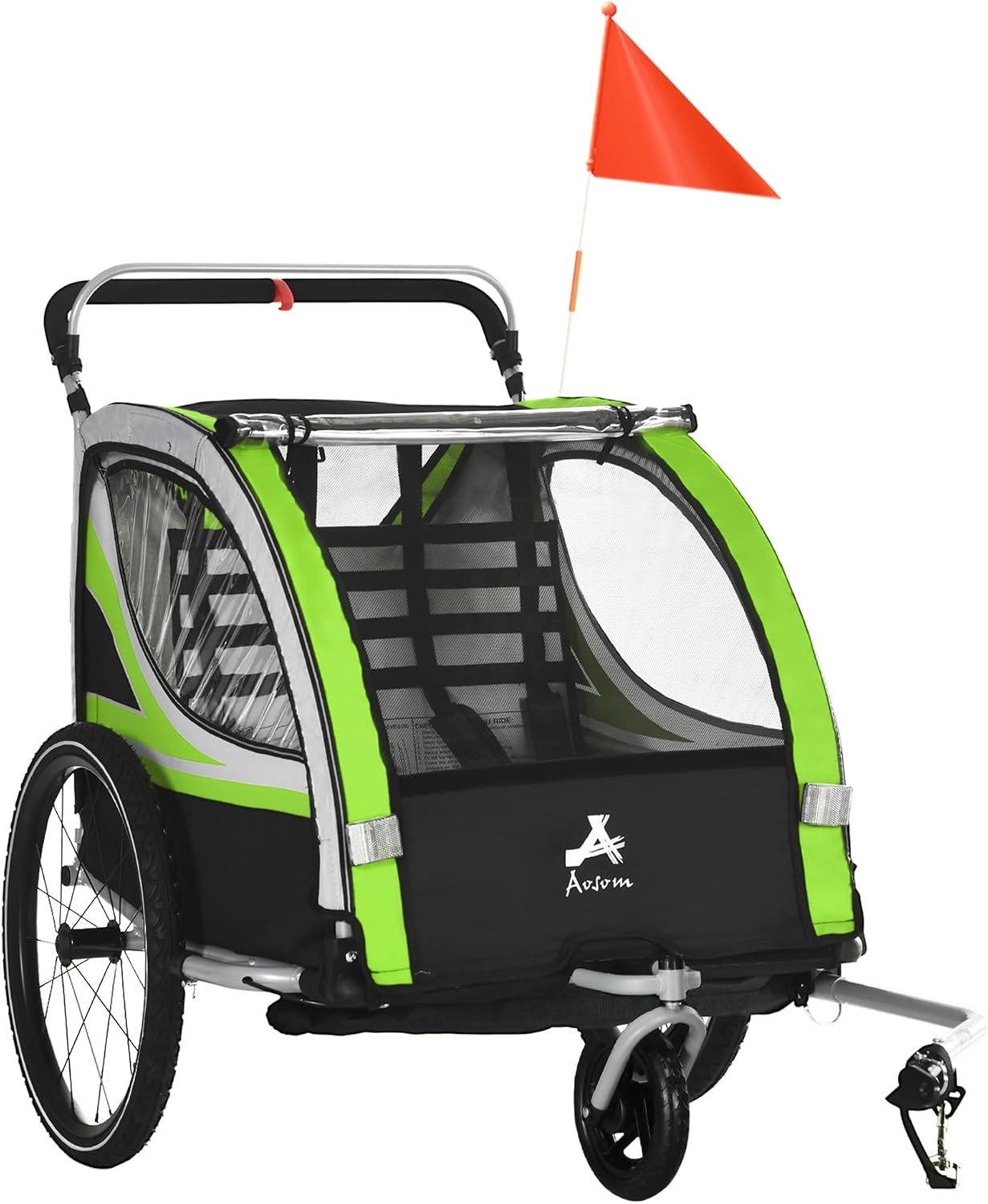 Aosom 3-in-1 Walk/Jog/Ride Child Baby Bike Trailer for Kids 2 Seater, High-Visibility Bike Stroller for Toddler Wagon, Weather-Strong Double Bicycle Trailer Accessory
