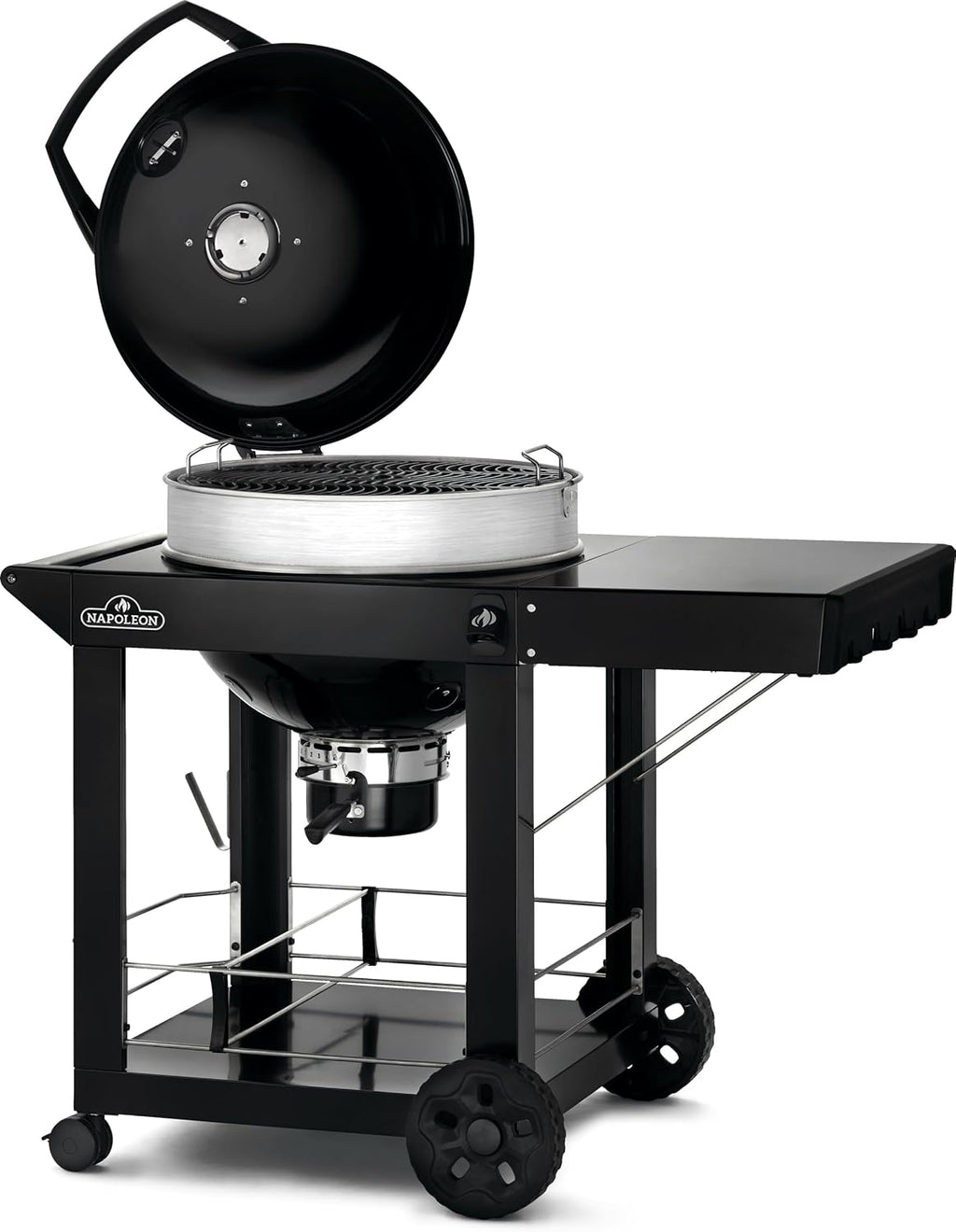 Napoleon PRO22 Charcoal Kettle Grill with Folding Cart, Black, Porcelain-Enameled Lid and Bowl, Chrome-Plated Cooking Grid