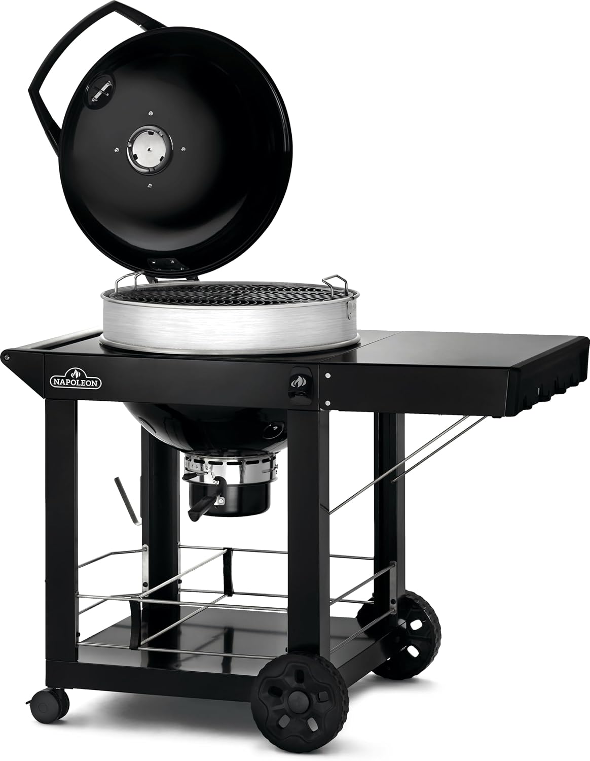 Napoleon PRO22 Charcoal Kettle Grill with Folding Cart, Black, Porcelain-Enameled Lid and Bowl, Chrome-Plated Cooking Grid