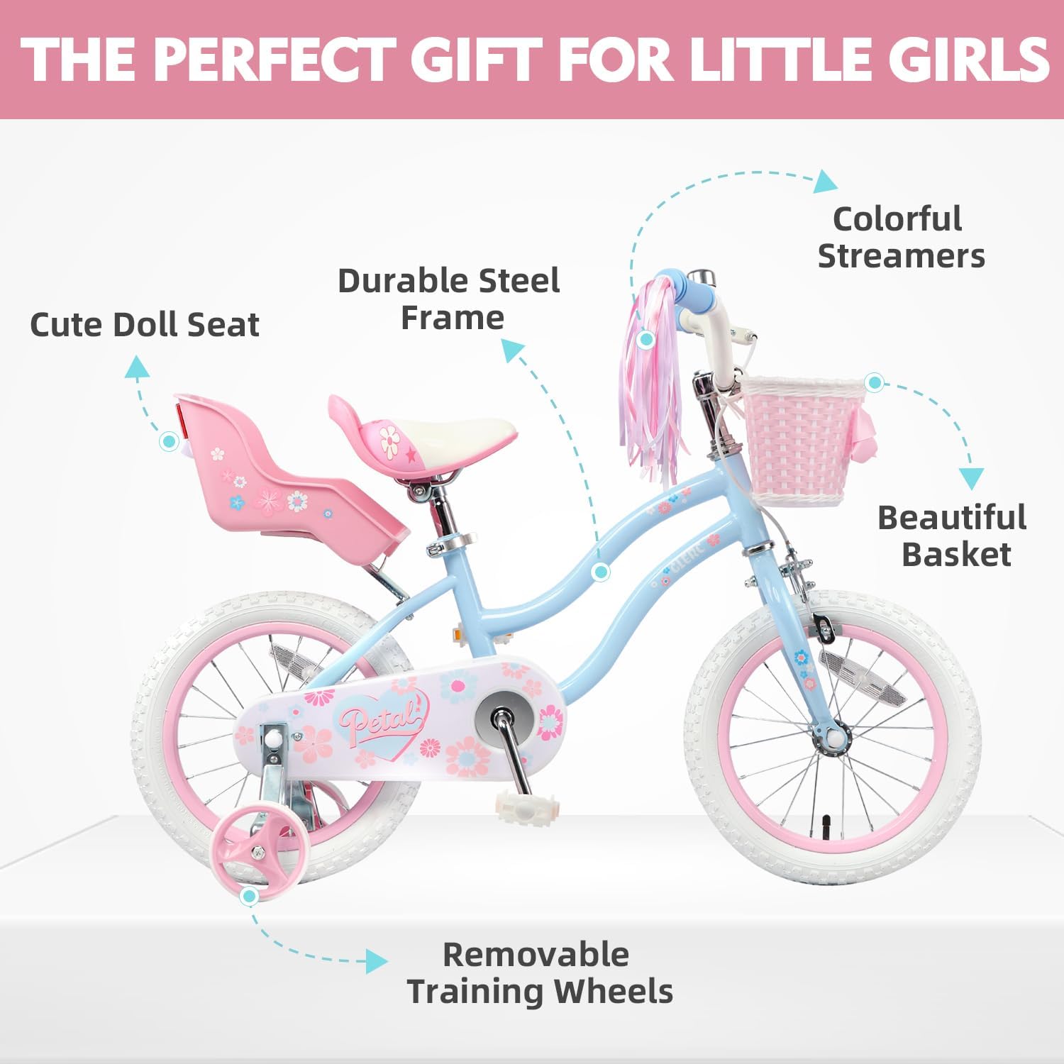Glerc Petal Girls Bike 12-18 Inch for Ages 2-9, Kids Bike with Training Wheels, Basket & Streamers, Princess Style Kids Bicycle, for Girls