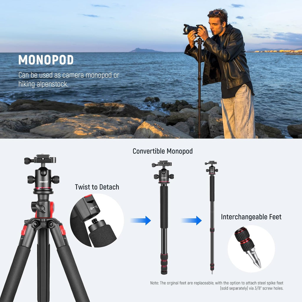 NEEWER 79 inch Camera Tripod Monopod with Center Column and Ball Head Aluminum, Arca Type QR Plate, Bag, Horizontal Tripod Overhead Camera Mount for DSLR Camera, Video Camcorder, Max Load: 33lb