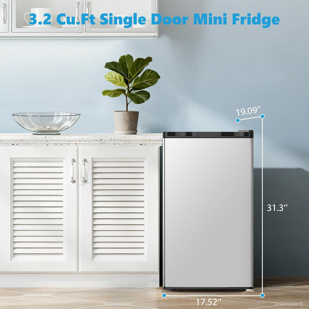 COWSAR 3.2 Cu.ft Mini Fridge with Freezer, Compact Dorm Refrigerator with Reversible Single Door, Adjustable Thermostat, Energy Saving, Perfect for Office, Dorm, Bedroom, Home, Silver