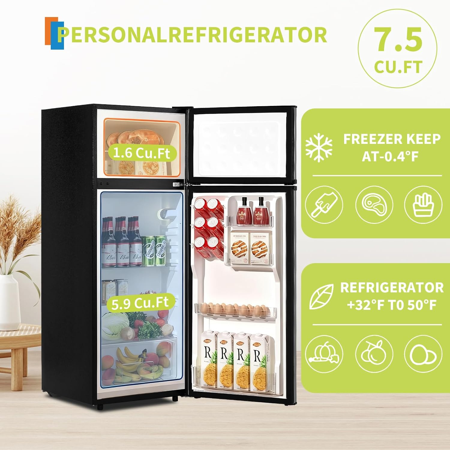 Garvee 7.5 Cu. Ft. Compact Refrigerator | Two Door Mini Fridge with Energy-Efficient & Quiet Operation | for Dorm, Office, Bedroom, Kitchen, Bar Use with Adjustable Shelves