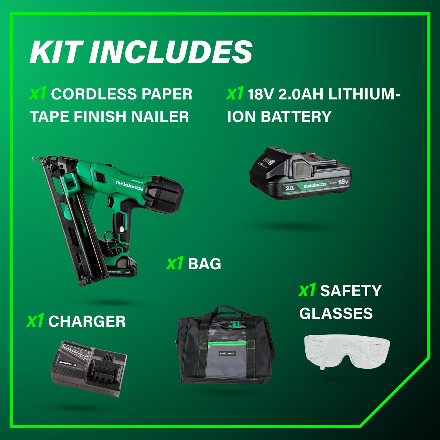 Metabo HPT 18V MultiVolt Brushless Pro 15-GA Angled Finish Nailer Kit, 15 Gauge Finish Nailer, Power Tool with 2.0Ah Lithium Ion Battery, 1-1/4' to 2-1/2' Nails, Powerful Brushless Motor, NT1865DAA