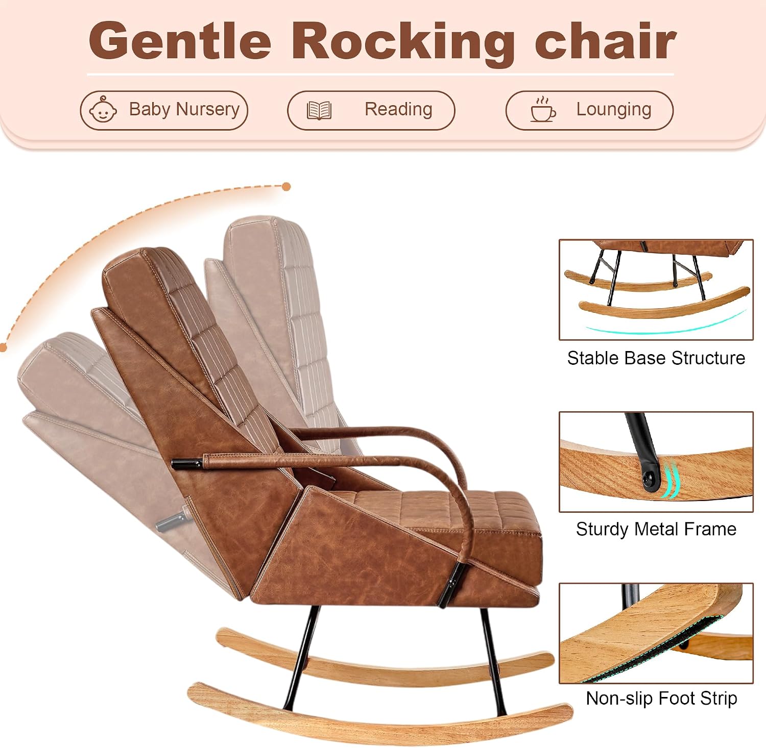 VECELO Rocking Chair Nursery, Over Size Leather Glider Rocker with High Backrest, Upholstered Removable Back, Brown
