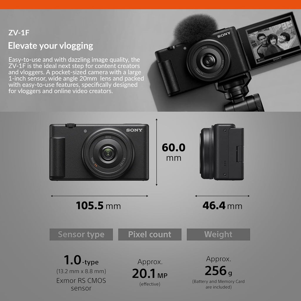 ZV-1F Vlogging Camera, Black, Bundle with Extreme 32GB SD Card, Camera Bag, Tripod, for Point and Shoot Camera, Complete Sony Digital Vlog Camera Kit, Sony 1-Year Warranty