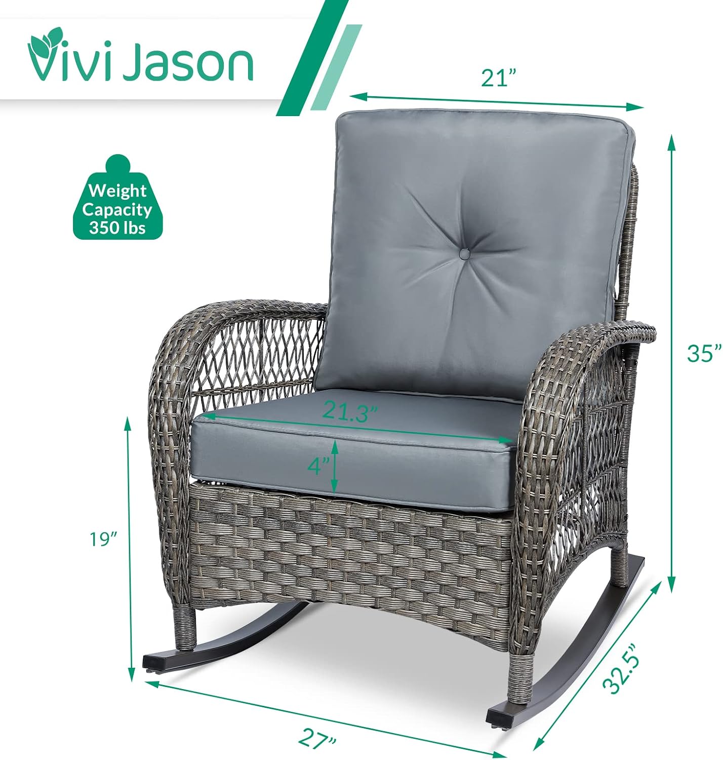 VIVIJASON Outdoor Wicker Rocking Chair, Patio Rattan Rocker Chair with Cushions & Steel Frame, All-Weather Rocking Lawn Wicker Furniture for Garden Backyard Porch (Grey)