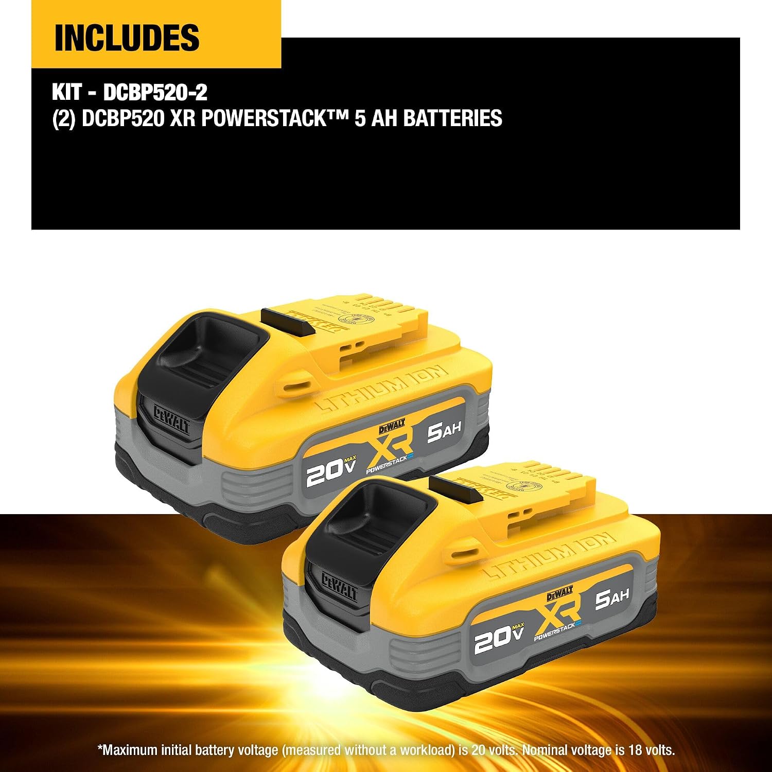 DEWALT Powerstack 20V MAX Battery, Rechargeable, 5Ah, Lithium Ion, 2-Pack (DCBP520-2)