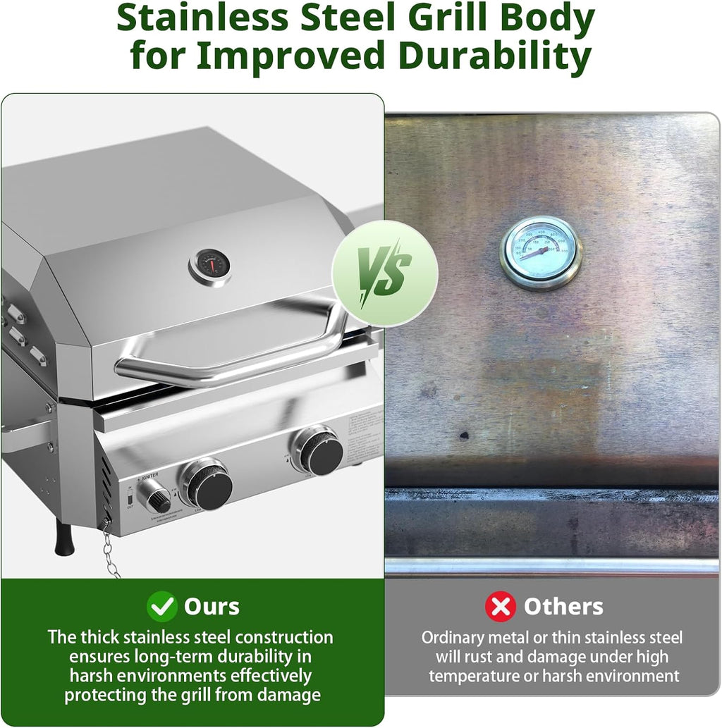 Tabletop Gas Grill, Stainless Steel Portable Propane Grill with Dual Storage Side Platforms – Compact & Powerful 16,000 BTU Dual-Burner BBQ Grill for Garden and Patio Backyard,Camping