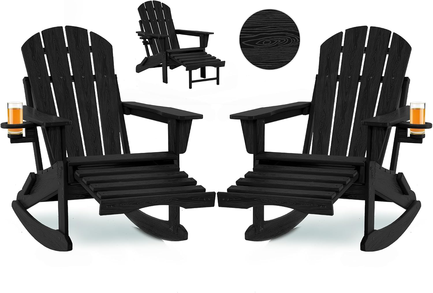 Folding Adirondack Rocking Chair Set of 2,4-in-1 Multifunctional Patio Chairs with Retractable Ottoman, Outdoor Chairs Wood Texture, Lawn Chair for Porch, Backyard, Pool(Black)