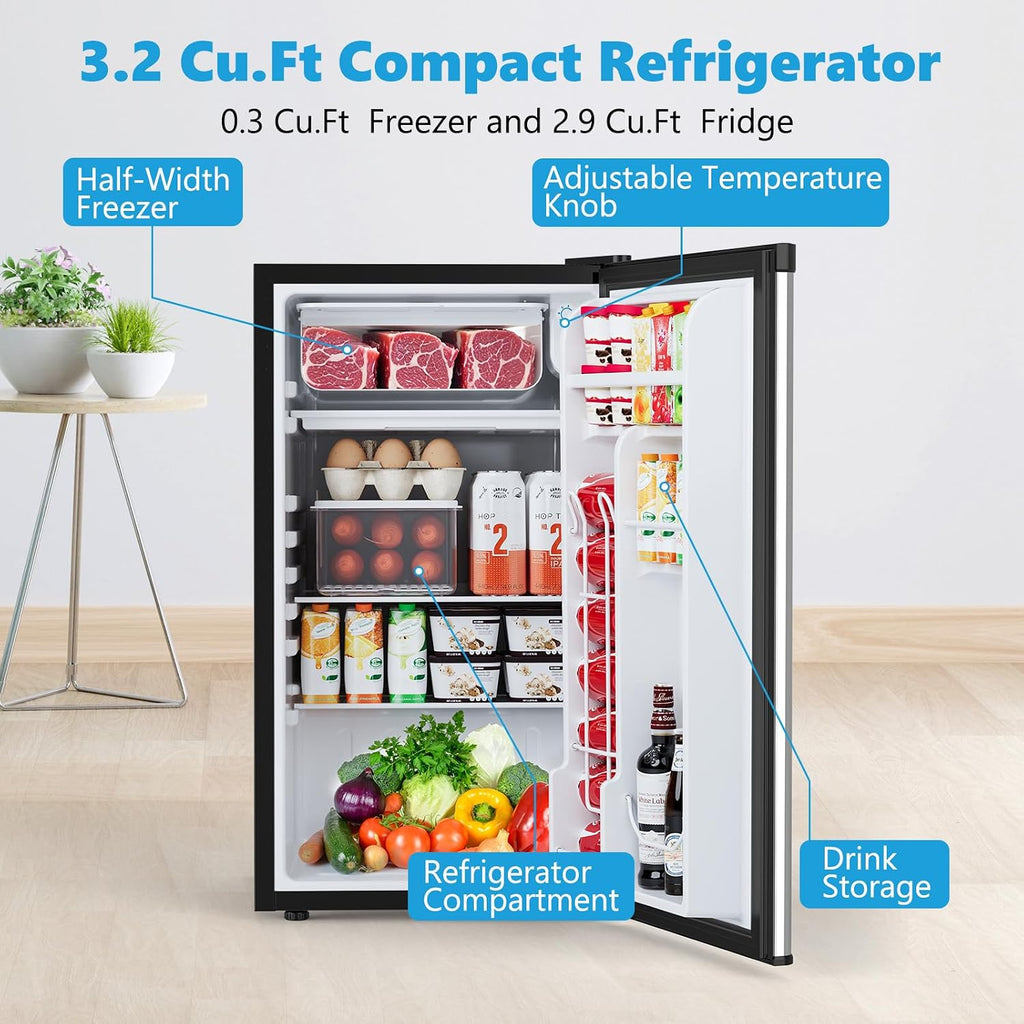 COWSAR 3.2 Cu.ft Mini Fridge with Freezer, Compact Dorm Refrigerator with Reversible Single Door, Adjustable Thermostat, Energy Saving, Perfect for Office, Dorm, Bedroom, Home, Silver