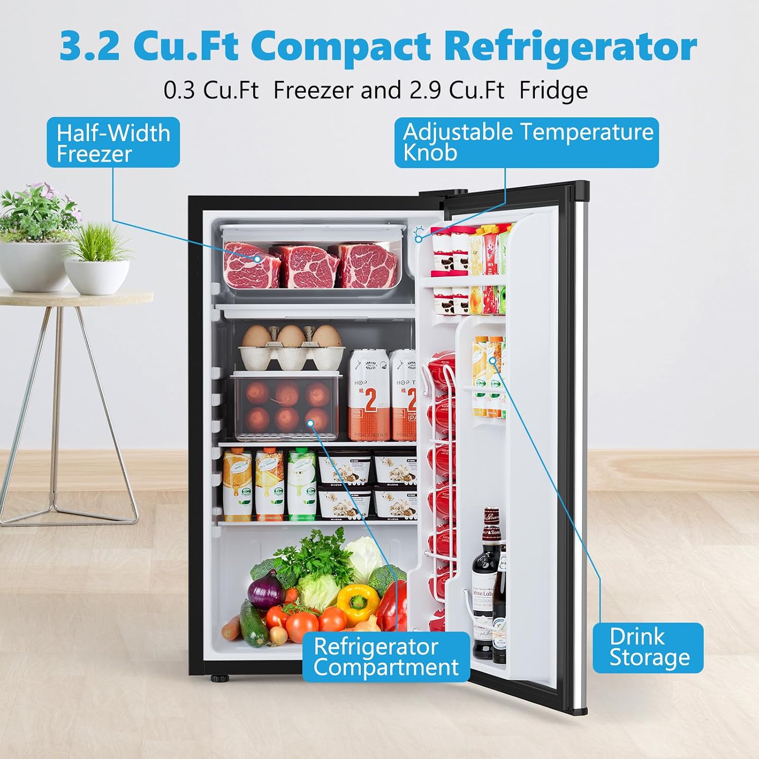 COWSAR 3.2 Cu.ft Mini Fridge with Freezer, Compact Dorm Refrigerator with Reversible Single Door, Adjustable Thermostat, Energy Saving, Perfect for Office, Dorm, Bedroom, Home, Silver