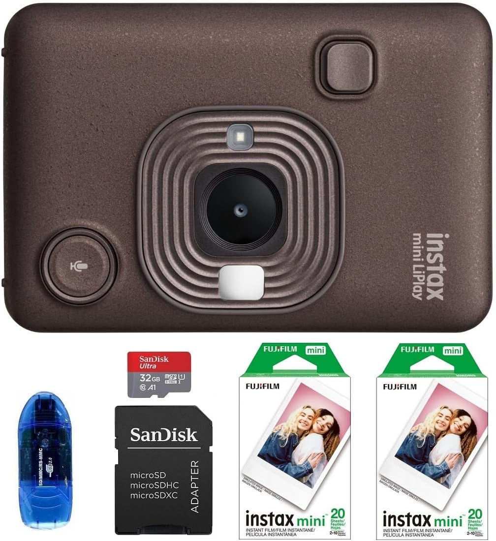 FUJIFILM INSTAX MINI Liplay Hybrid Instant Camera Bundle, Includes: INSTAX MINI Instant Film (40 Exposures), 32GB MicroSD Memory Card and Card Reader (5 Items) (Deep Bronze)