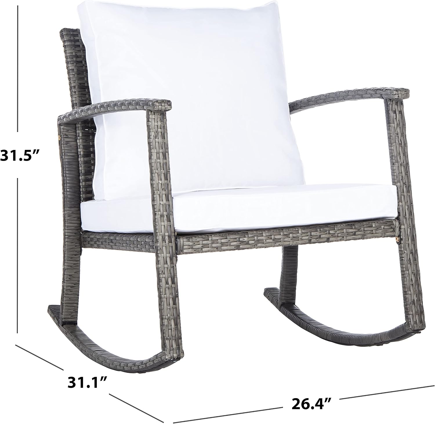 SAFAVIEH Outdoor - Daire Rocking Chair - Grey Brown & White - Steel Frame & Faux Rattan with Cushion - Open-Frame Design - Ideal for Patio, Deck, Porch, Backyard, 14.4' Seat Height (PAT7721C)