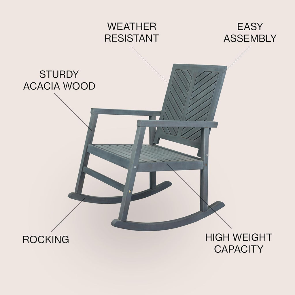 JONATHAN Y RCK100B Ned Modern Chevron-Back 300-Lbs Support Acacia Wood Patio Outdoor Rocking Chair for Garden, Lawn, Backyard, Pool, Deck, Beach, Firepit, Gray