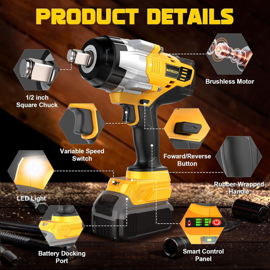 NATBEESY Cordless Impact Wrench Compatible with DeWalt 20V Battery: 1/2 Inch Hog Ring Impact Driver - High Torque - 2300N.m/1700Ft-lbs Cordless Impact Gun - Brushless Motor with LED Light - Tool Only