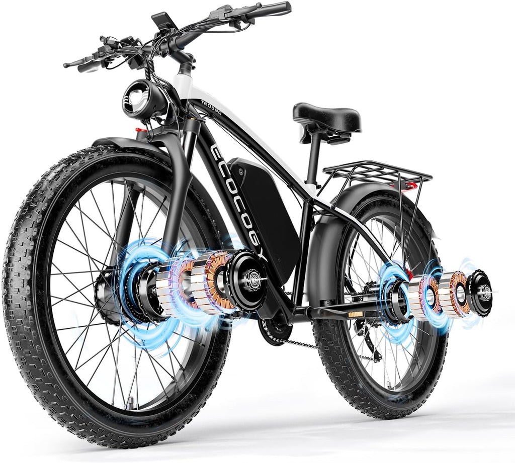 Dual Motor Electric Bikes for Adults, 6000W Peak Ebike, 52V 32Ah, Max 40-45 M P H &100 Miles E-Bike, Hydraulic Disc Brake, 26' Fat Tire Off Road Snow Mountain E-Bikes, 7-Speed Pedal Assist