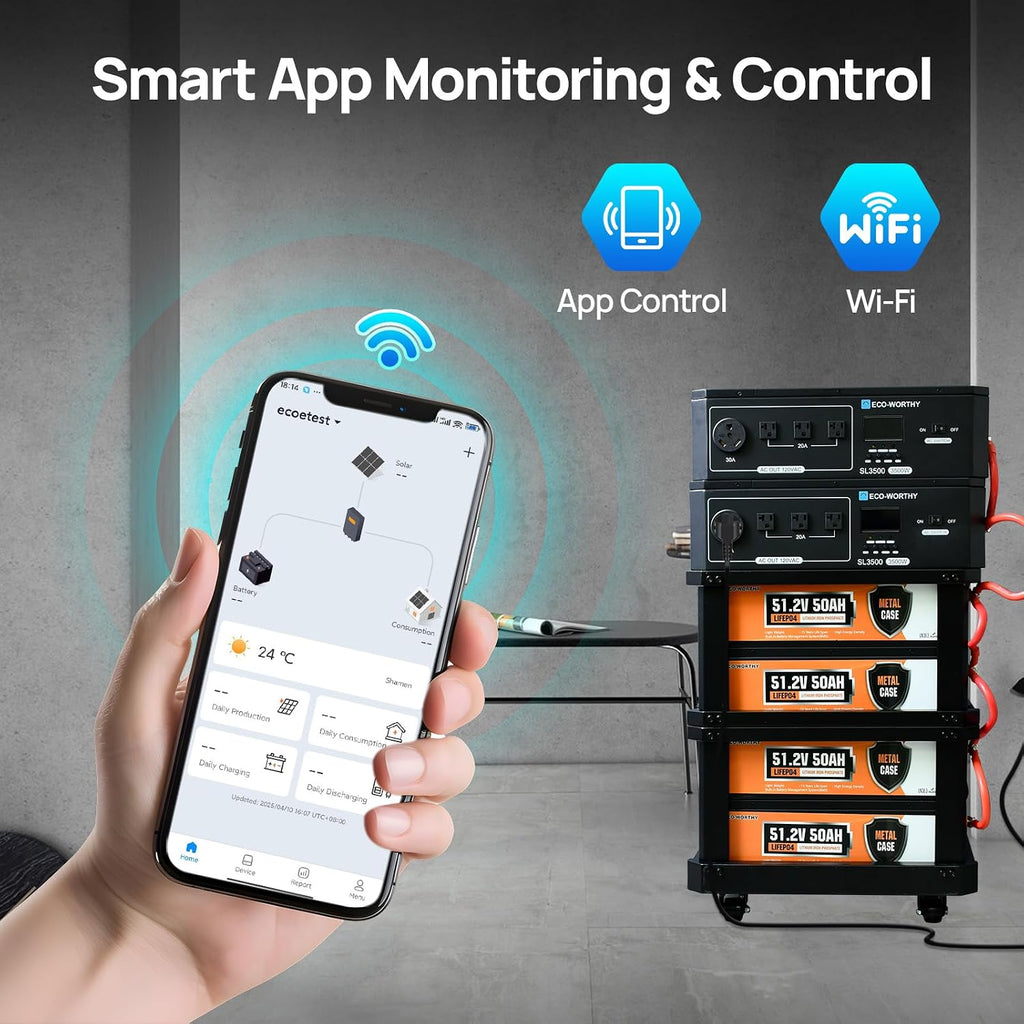 ECO-WORTHY SL7000 10240Wh 7000W Stackable Power Battery, 120V/240V 7000W AC Output, LiFePO4 Battery Backup Expandable to 15.36kWH with BMS, for Home Backup, Emergency, Solar System Components