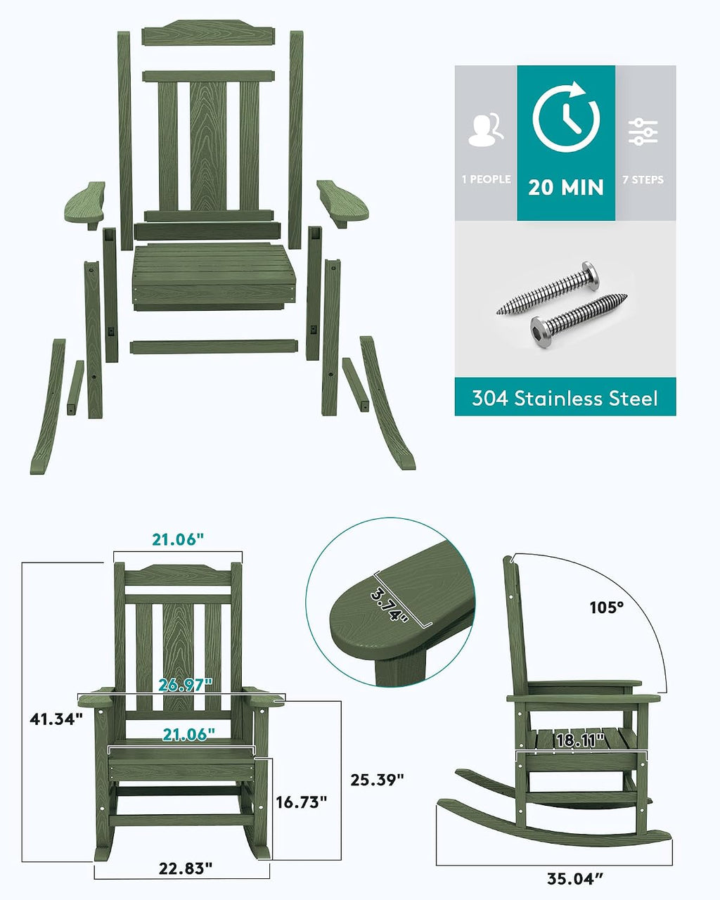 SERWALL Oversized Rocking Chair Set of 2 Outdoor, HDPE Outdoor Rocking Chair Set of 2, Avocado