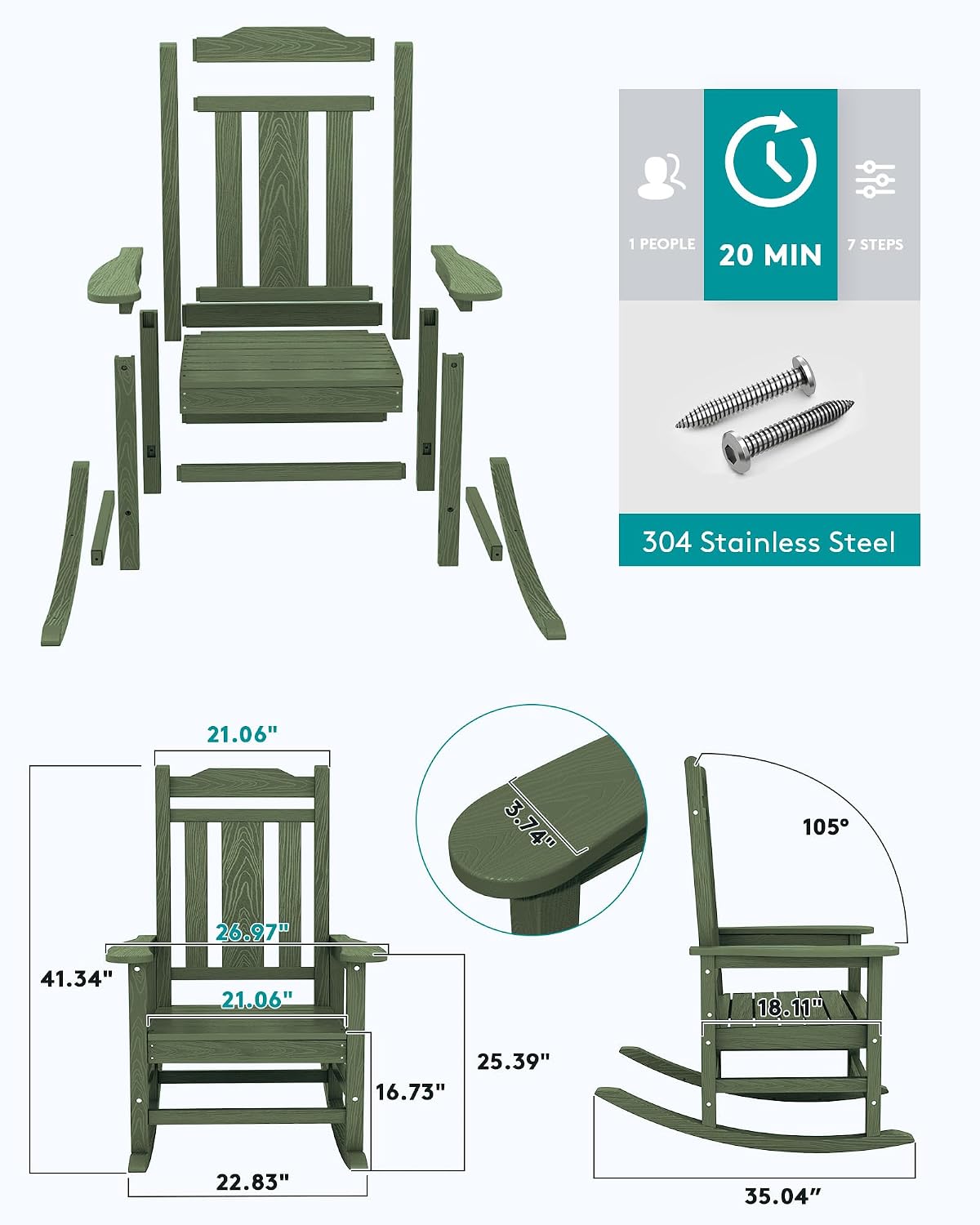 SERWALL Oversized Rocking Chair Set of 2 Outdoor, HDPE Outdoor Rocking Chair Set of 2, Avocado