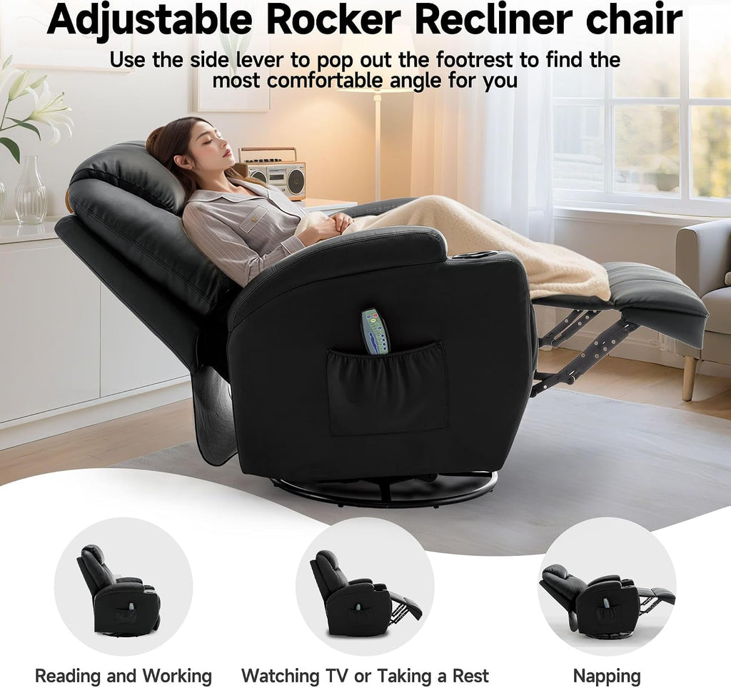 Korser Recliner Chair, Rocking Chair with Massage and Heat, 360° Swivel Recliner Chairs for Adults, Rocker Manual Recliner with Remote Control and Cup Holder for Living Room, Bedroom, Nursery