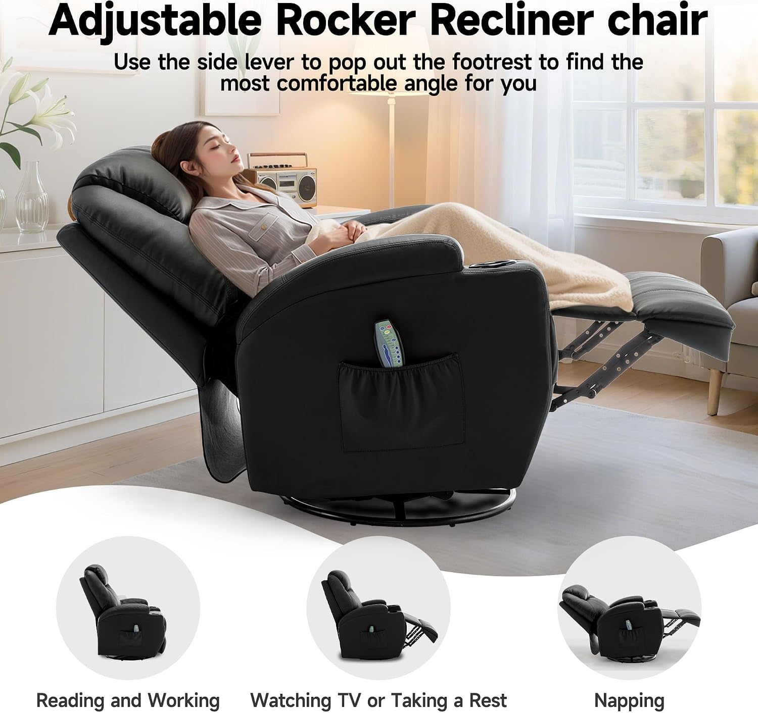 Korser Recliner Chair, Rocking Chair with Massage and Heat, 360° Swivel Recliner Chairs for Adults, Rocker Manual Recliner with Remote Control and Cup Holder for Living Room, Bedroom, Nursery