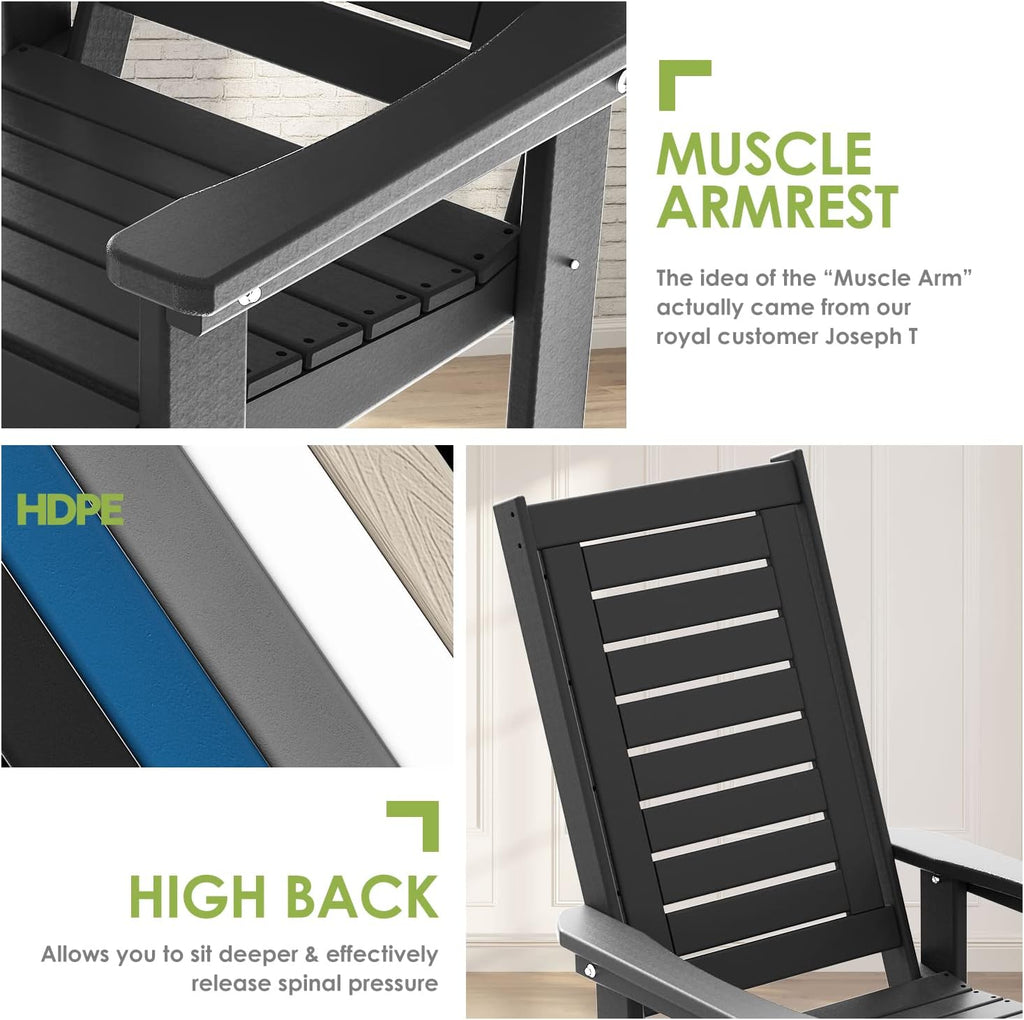 GREENVINES Outdoor Rocking Chairs | Set of 4 | Porch Rocker | HDPE Plastic | Black | Oversized Rockers | High Back | Big & Tall | Ladder Back | for Patio Outside Backyard Balcony Garden