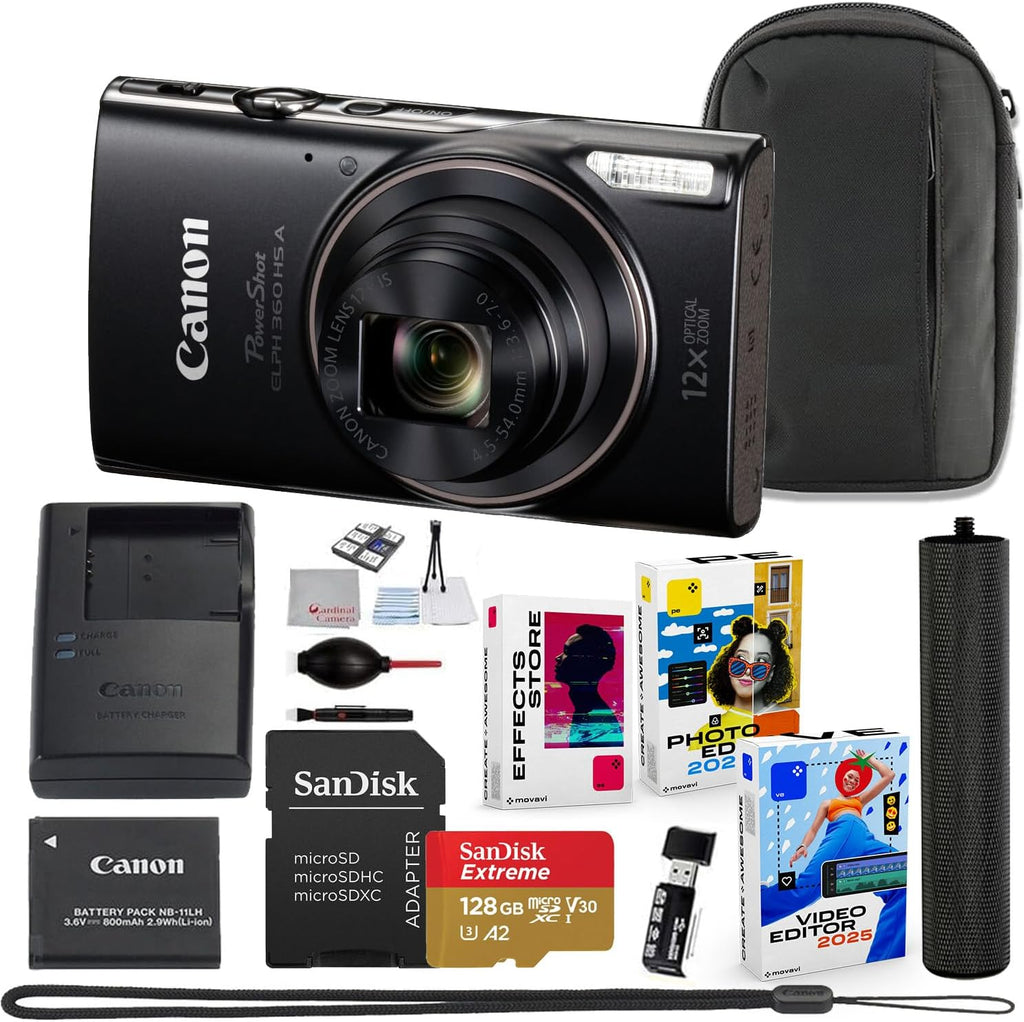 Canon PowerShot ELPH 360 HS A Digital Camera Bundle (Black) + Accessory Package Including Sandisk 128GB Extreme Micro Card, Grip, Pouch & Photo/Video Editing Software Package (16 Items)