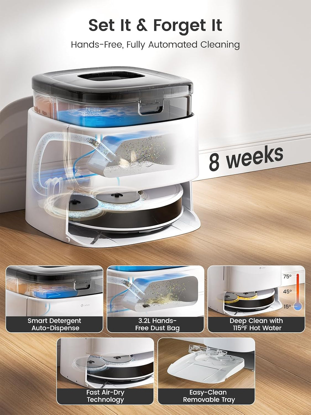Lefant M3 Robot Vacuum, Auto Mop Washing, 12000Pa Suction, Self-Emptying & Refilling, 9mm Mop Lifting, 200RPM Spinning Mops, Smart Obstacle Avoidance, White